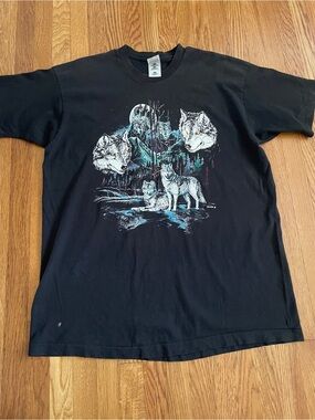 Vintage 90s Rag tops Black Wolf pack Graphic Tee XXL